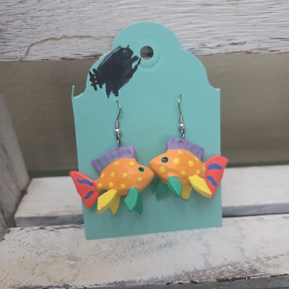 Hand Painted Multi Color Tropical Ocean Salt Water Fish Wooden Earrings EUC